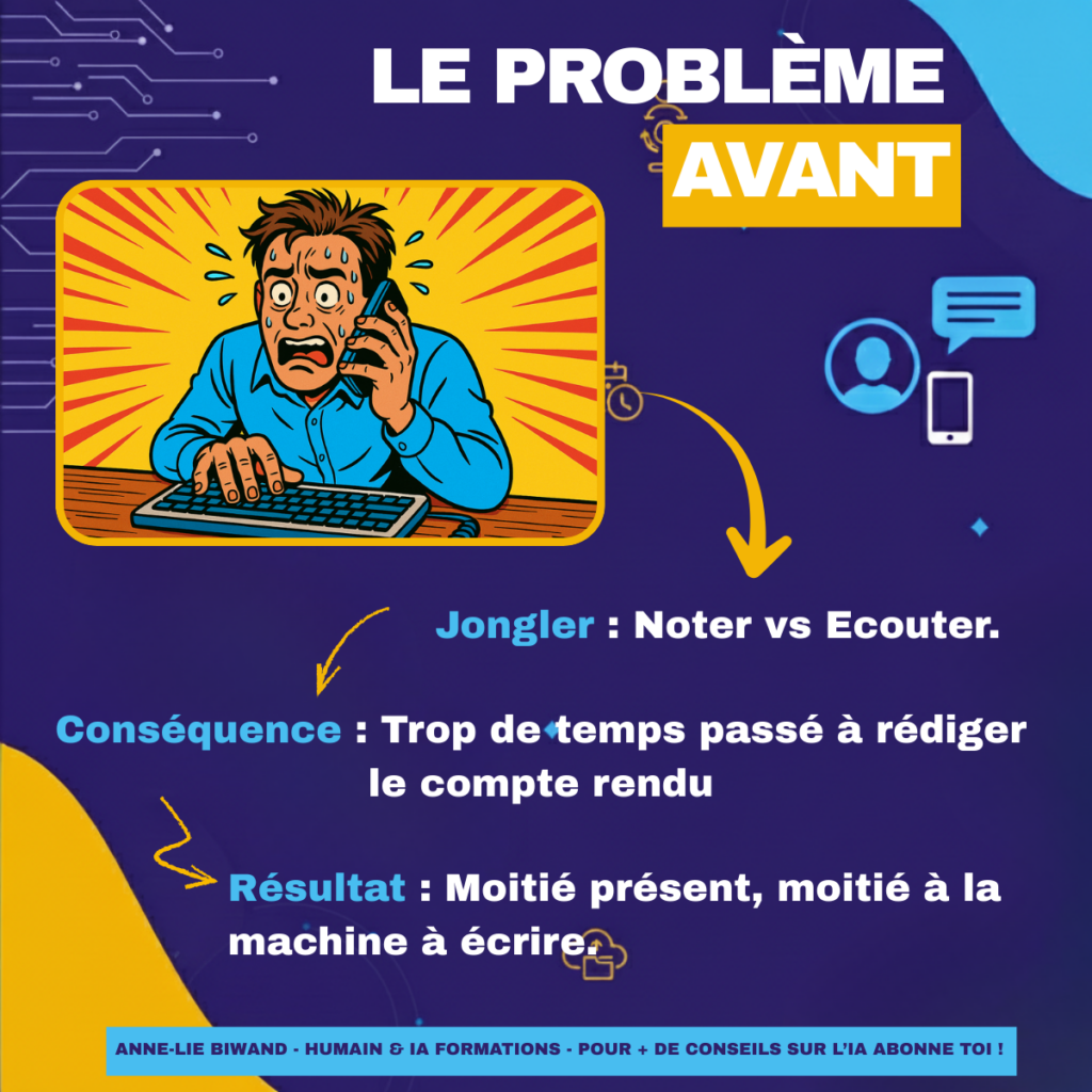 Illustration d'un homme stressé utilisant un téléphone tout en essayant de taper sur un ordinateur, symbolisant la difficulté de jongler entre la prise de notes et l'écoute pendant une conversation.